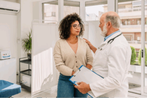 A patient talking to their provider about an upright MRI.