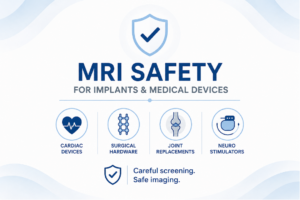 MRI safety infographic featuring icons for cardiac devices, surgical hardware, joint replacements, and neurostimulators with a clean medical design.