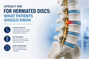 A detailed spine illustration with a herniated disc and icons representing key considerations for patients undergoing Upright MRI.