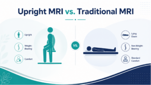 Upright MRI vs. traditional MRI graphic comparing upright, weight-bearing positioning with lying-down MRI positioning.