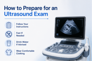 Medical ultrasound preparation with ultrasound equipment and patient readiness icons designed to help patients understand how to prepare for their exam.