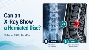 Spine X-ray and MRI comparison showing a herniated disc.