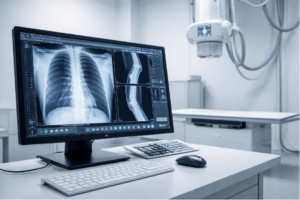Digital X-ray workstation displaying medical radiographic images on a computer monitor in a modern radiology room.
