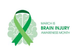 Icon of a brain beneath a green ribbon next to the words MARCH IS BRAIN INJURY AWARENESS MONTH. 