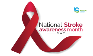 A large red ribbon next to the words National Stroke Awareness Month – May –