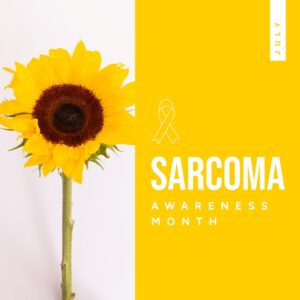 Sunflower on a White Background Next to White Text that Says “Sarcoma Awareness Month” in White on a Yellow Background
