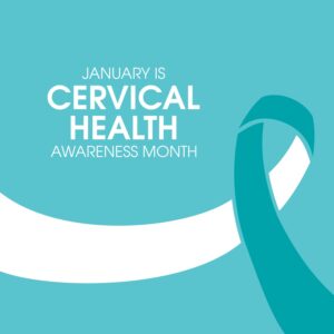 Turquoise, Teal, and White Graphic with an Abstract Ribbon and Text that Says “January is Cervical Health Awareness Month”