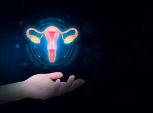 A digital image of a female reproductive system floating above an open hand, against a dark background 