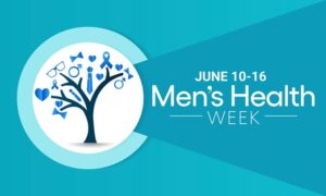 Blue and White Graphic of a Tree with Blue Male-Centric Icons Around a Tree and the Text “June 01-16 Men’s Health Week”