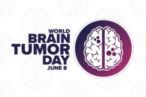 Graphic on a Pattern of Gray Brain Icons with a Brain Icon in Shades of Purple, and the Text “World Brain Tumor Day June 8”