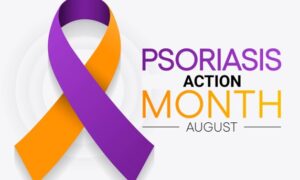 Graphic of a purple and yellow ribbon on a white background with the text “Psoriasis Action Month August”