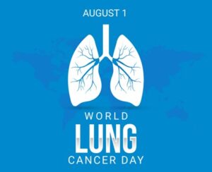 Blue and white graphic with an illustration of lungs over a map of the world with the text “August 1 World Lung Cancer Day