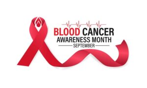 Illustration of a red ribbon with red waveforms and the text “Blood Cancer Awareness Month September