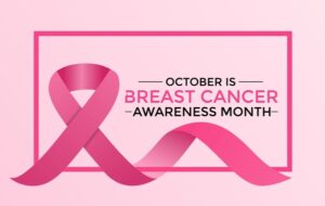 Illustration in shades of pink with pink ribbon around a pink border and the text “October is Breast Cancer Awareness Month