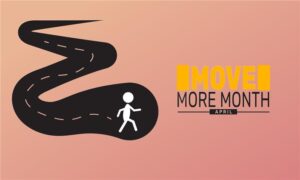 Graphic showing a stick figure person walking down a winding asphalt road with the text “Move More Month, April.“