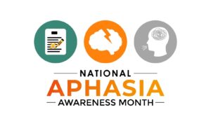 Three icons in circles that depict details about and above the words National Aphasia Awareness Month.