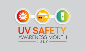 Three icons: a sun with UV in the middle, an umbrella with sunglasses and a hat, and sunscreen all to signify UV Safety Awareness Month in July.
