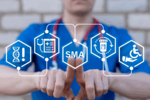 A person wearing blue scrubs pointing to icons in the foreground that indicate spinal muscular atrophy, diagnostics, and treatment.