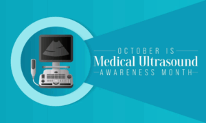 An icon of an ultrasound machine next to October is Medical Ultrasound Month