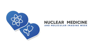 Two blue heart icons with images of a stethoscope and an atom next to the words Nuclear Medicine and Molecular Imaging Week.