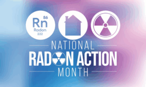 Three circular icons, the first Rn for Radon, the second a home, and the third the symbol for Radon, above National Radon Action Month.