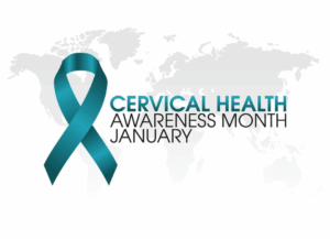 A large teal ribbon over a map of the continents next to the words CERVICAL HEALTH AWARENESS MONTH JANUARY.