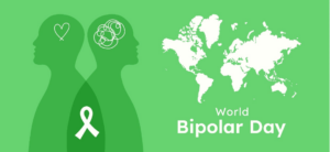 World Bipolar Day beneath a map of the world next to two silhouette with a ribbon in the middle.