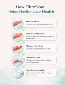 Hepatitis Awareness Month banner featuring a highlighted liver and FibroScan-style imaging to represent liver health monitoring.