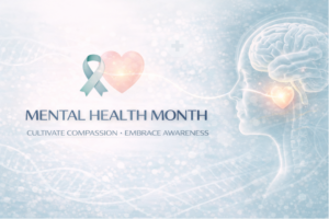 Mental Health Month banner with brain and heart illustration promoting awareness and compassion.