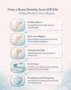 Infographic illustrating how DEXA scans help monitor bone density and osteoporosis risk.