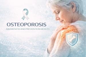 Osteoporosis Awareness and Prevention Month banner with shoulder bone illustration. 
