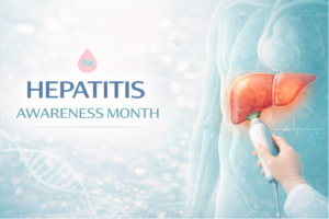 Hepatitis Awareness Month banner featuring a highlighted liver and FibroScan-style imaging to represent liver health monitoring. 