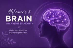 Alzheimer’s and Brain Awareness Month banner featuring a glowing brain illustration in purple tones symbolizing cognitive health and neurological awareness.