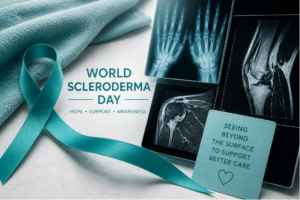World Scleroderma Day awareness banner featuring a teal ribbon and musculoskeletal imaging scans representing joint and connective tissue evaluation.
