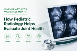 Pediatric radiology awareness graphic with knee joint imaging and arthritis awareness ribbon highlighting the evaluation and monitoring of juvenile arthritis.
