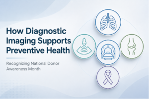 Illustration highlighting diagnostic imaging and preventive health with medical imaging icons and recognition of National Minority Donor Awareness Month.