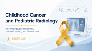 Gold childhood cancer awareness ribbon with pediatric radiology imaging graphic.