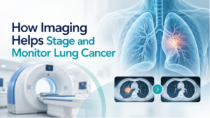 Lung cancer imaging graphic showing lung anatomy, CT scans, and imaging used to stage and monitor disease.